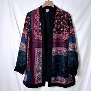 Chicos Womans Kimono Bohemian Patchwork Floral Black Purple Size M/8 Artsy Layer